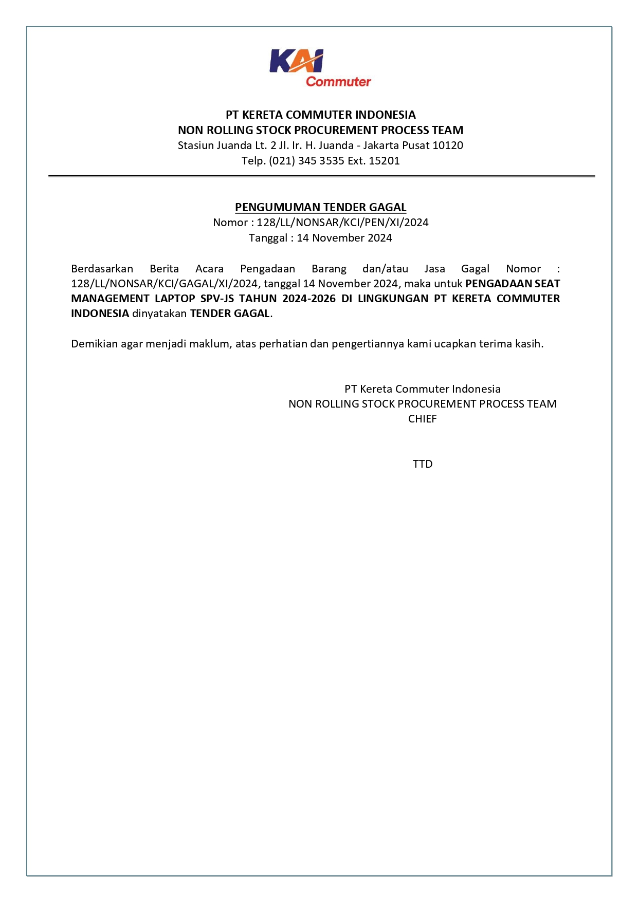 6 pengumuman tender gagal 106 pengadaan seat management laptop spv js tahun 2024 2026 di lingkungan pt kci page 0001